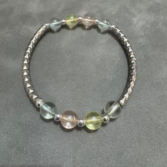 Multi Gemstone Silver Beaded Stretch Bracelet Round Beads Stylish Fashion Access - Picture 1 of 3